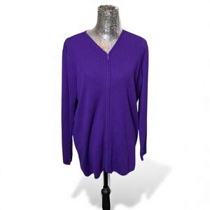 Vintage 80s Purple Minimalist Merino Wool Zip Cardigan Medium Office Casual